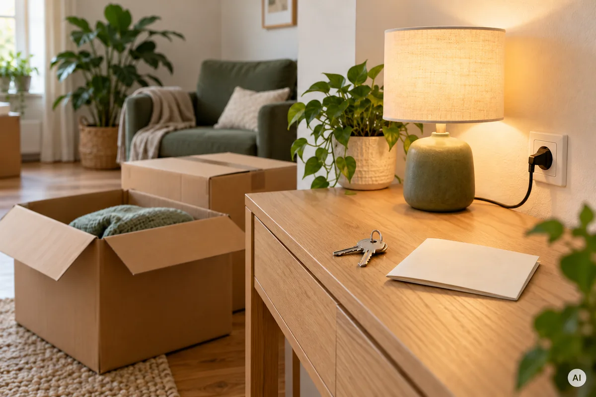 Umzugskartons, Wohnungsschlüssel und eine leuchtende Tischlampe in der neuen Wohnung
